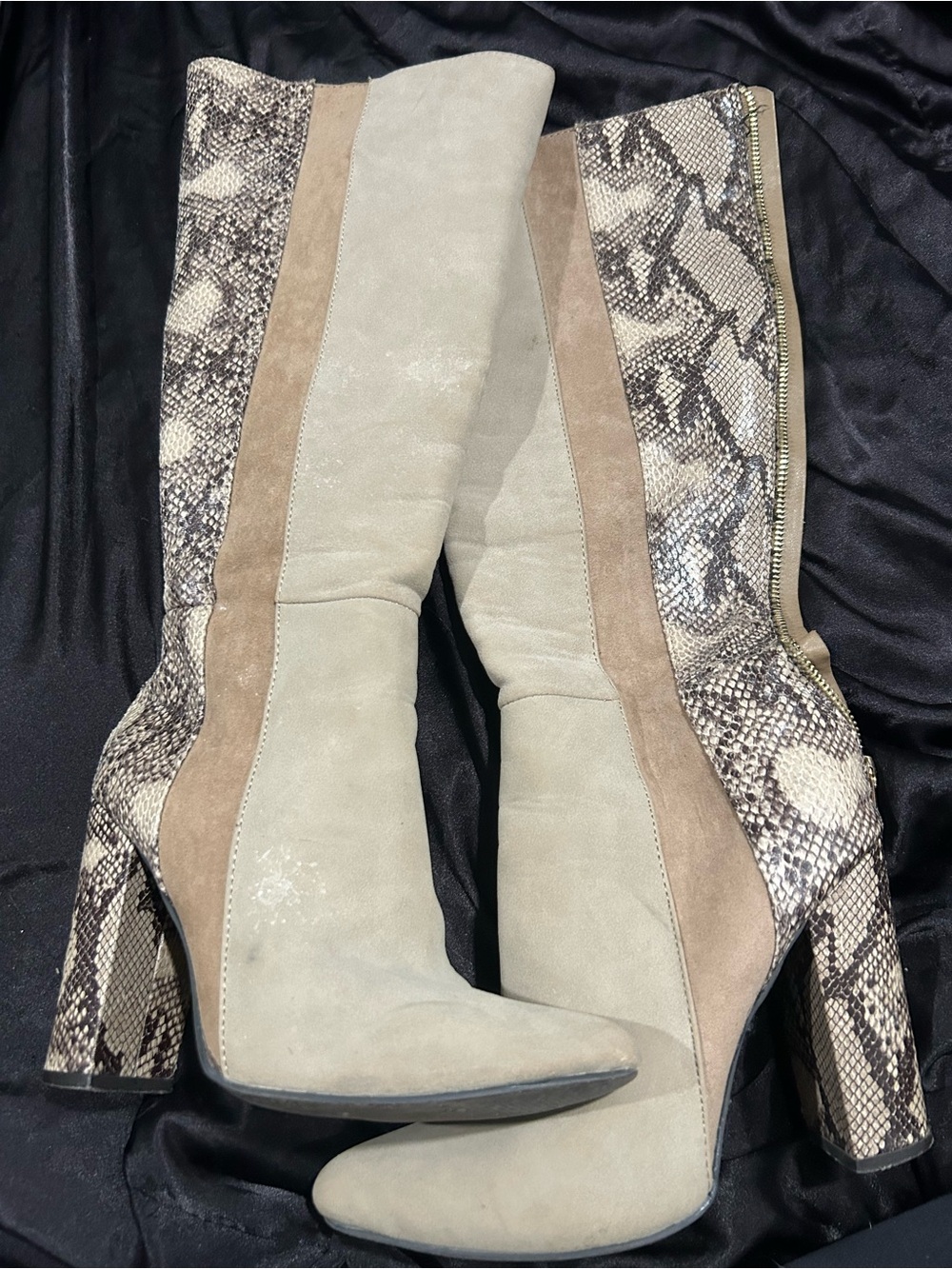 Women's Knee-High Suede and Snake-Print Block Heel Boots - Taupe/Beige